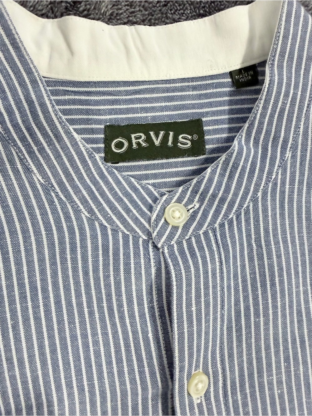 SKU 1294 Orvis Blue and White Striped Band-Collar Shirt